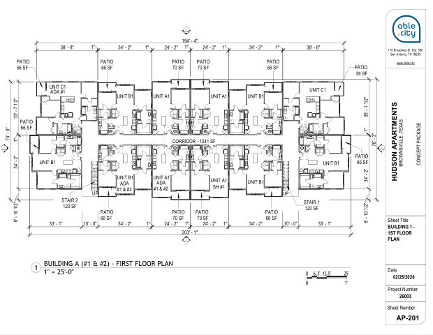Building 1 — first floor plan, sheet AP-201
