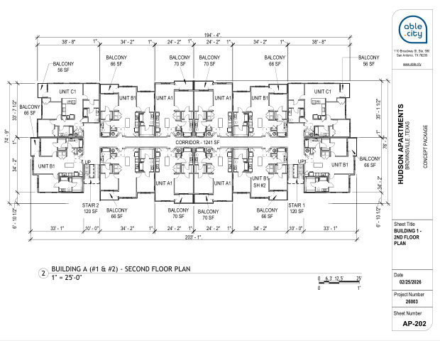 Building 1 — second floor plan, sheet AP-202