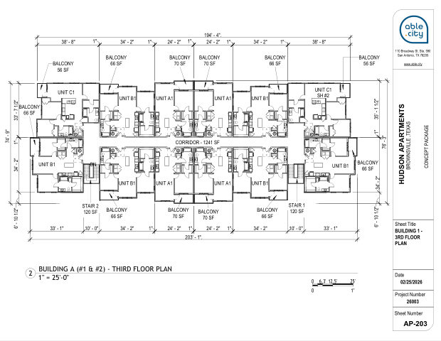 Building 1 — third floor plan, sheet AP-203