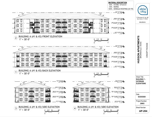 Building 1 — exterior elevations, sheet AP-204