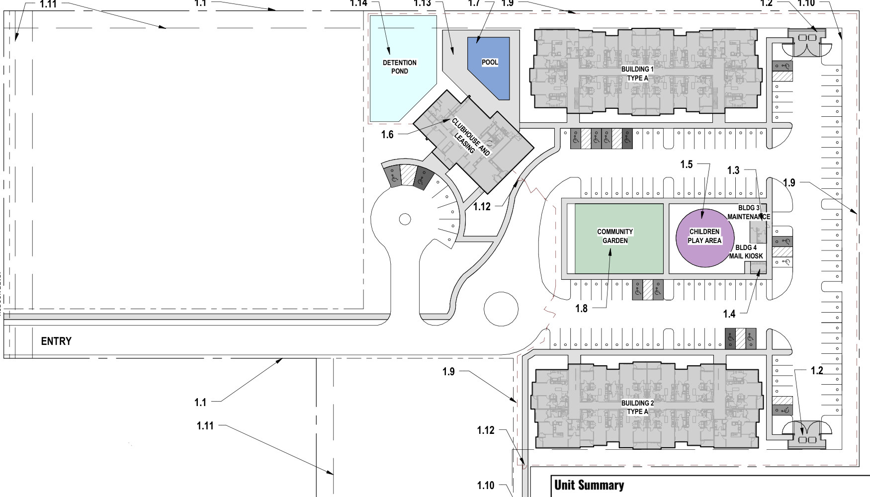 Architectural site plan showing two residential buildings, clubhouse, pool and parking